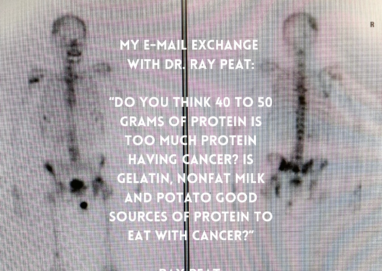 MY E-MAIL EXCHANGE WITH DR RAY PEAT. "DO YOUT MINK 40 TO 50 TOO NUENPECTEL HavING GELATIN NONFAT MILK AND PO' Ito CoOD SOURCES O PROTEIN TO EAT WIT CANCER?" RAY PEAT: "IF THE PROTEIN IS LIMITED TO THOSE, AND YOUR OTHER CALORIES ARE FROM CARBOHYDRATES (NOT FATS) THAT AMOUND SHOULD BE SAFE.”