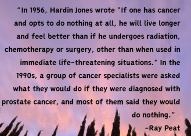 " In 1956, Hardin Jones wrote "If one has cancer and opts to do nothing at all, he will live longer and feel better than if he undergoes radiation, chemotherapy or surgery, other than when used in immediate life-threatening situations.' " In the 1990s, a group of cancer specialists were asked what they would do if they were diagnosed with prostate cancer, and most of them said they would do nothing." -Ray Peat