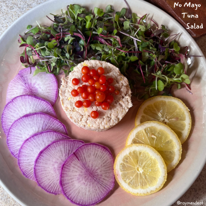 No Mayo Tuna Salad with watermelon radish & spoon tomatoes