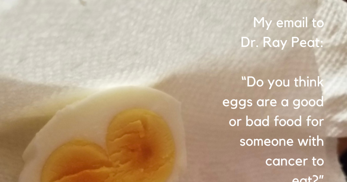 My email to Dr. Ray Peat: "Do you think eggs are a good or bad food for someone with cancer to eat?" "It depends on the quantity: cancer grows well when fat or protein is available as an energy source