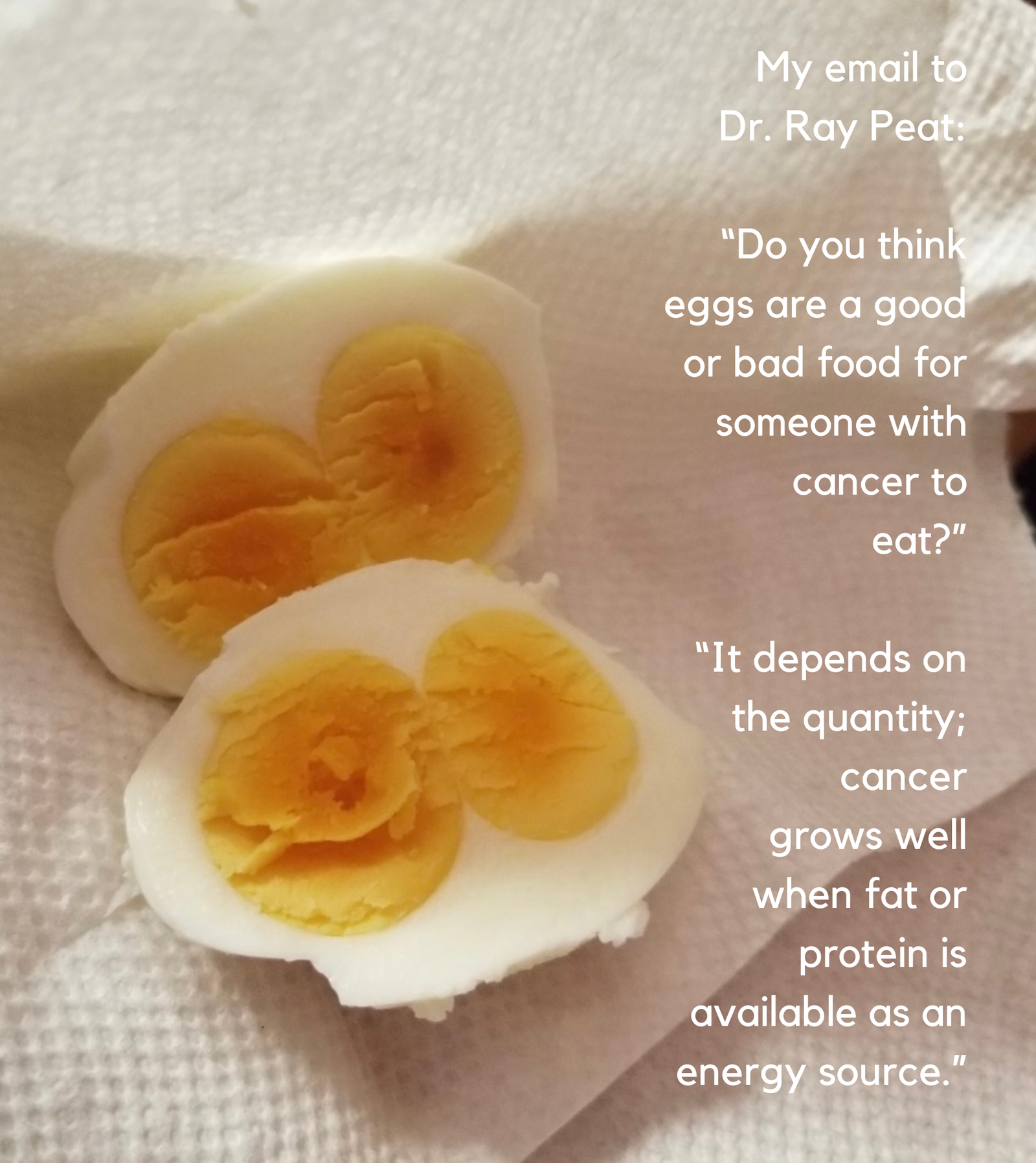 My email to Dr. Ray Peat: "Do you think eggs are a good or bad food for someone with cancer to eat?" "It depends on the quantity: cancer grows well when fat or protein is available as an energy source