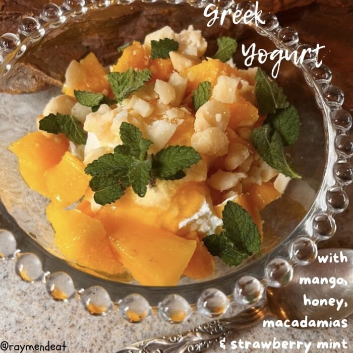 Greek Yogurt with Mango, Honey, Macadamias & Strawberry Mint