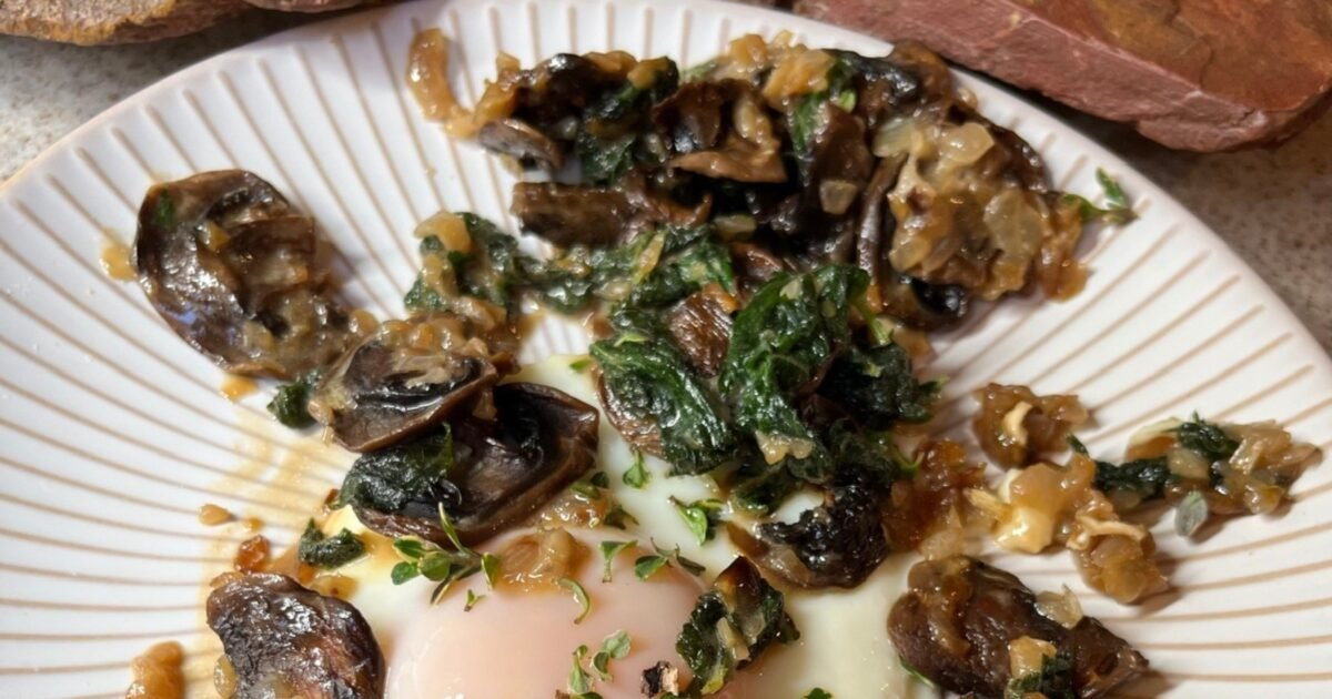 Sherry Cream Mushrooms with fresh nettles and egg