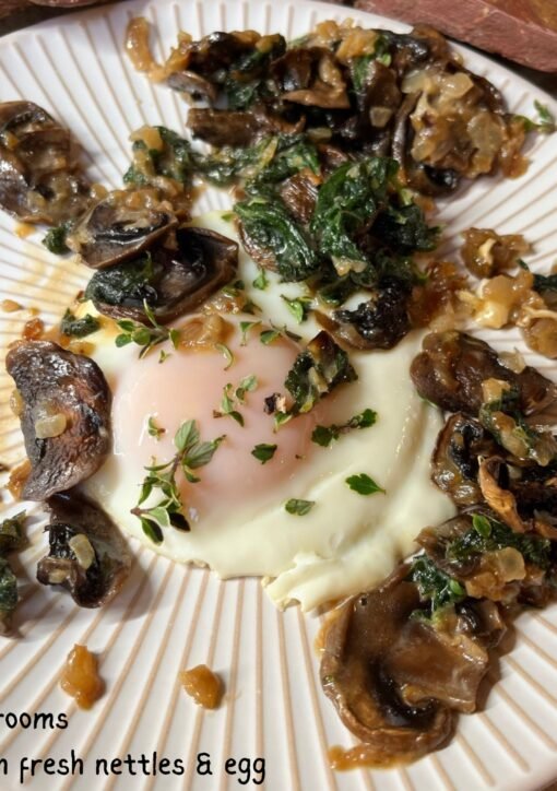 Sherry Cream Mushrooms with fresh nettles and egg