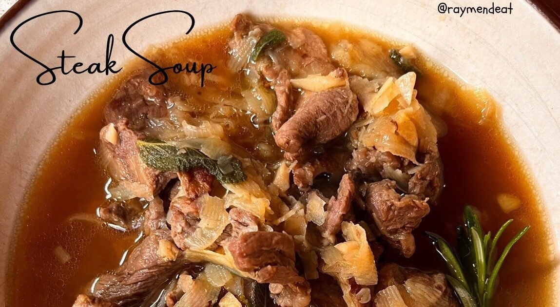 Steak Soup with fresh sage, rosemary and white sweet potato ribbons