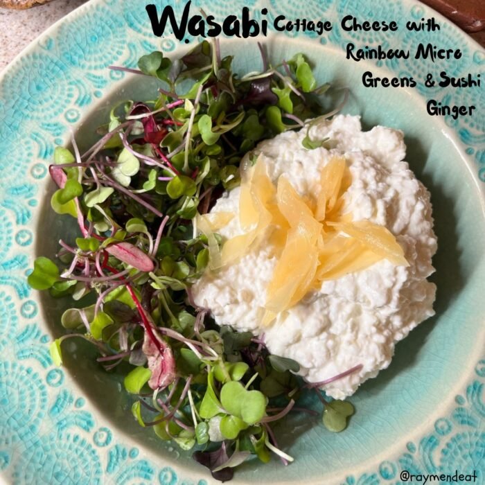 Wasabi Cottage Cheese with rainbow micro greens and sushi ginger